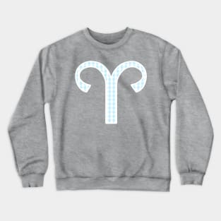 Aries Zodiac Horoscope Symbol in Pastel Blue and White Gingham Pattern Crewneck Sweatshirt